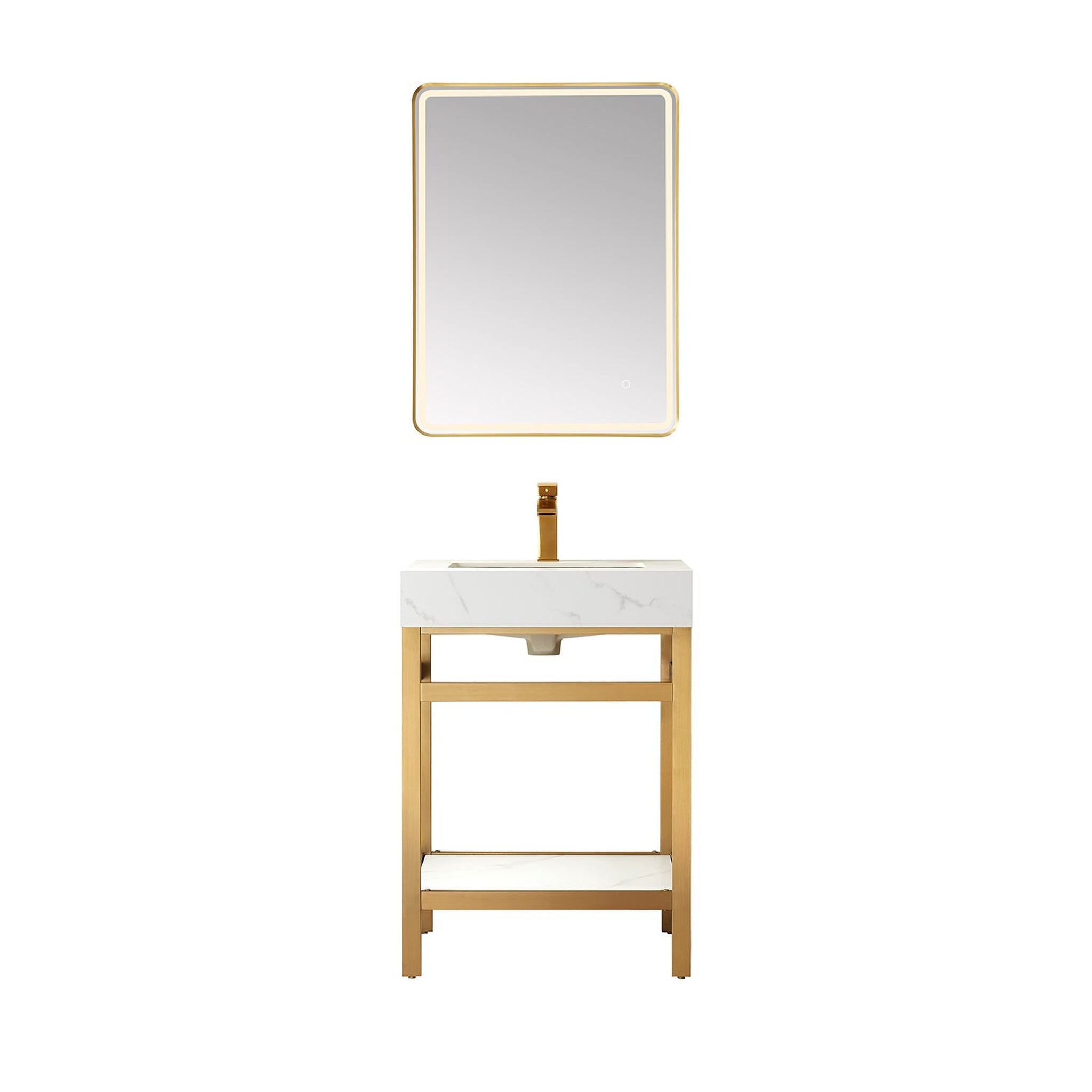 Vinnova, Vinnova Funes 24" Single Sink Bath Vanity In Brushed Gold Metal Support With White Sintered Stone Top And Mirror