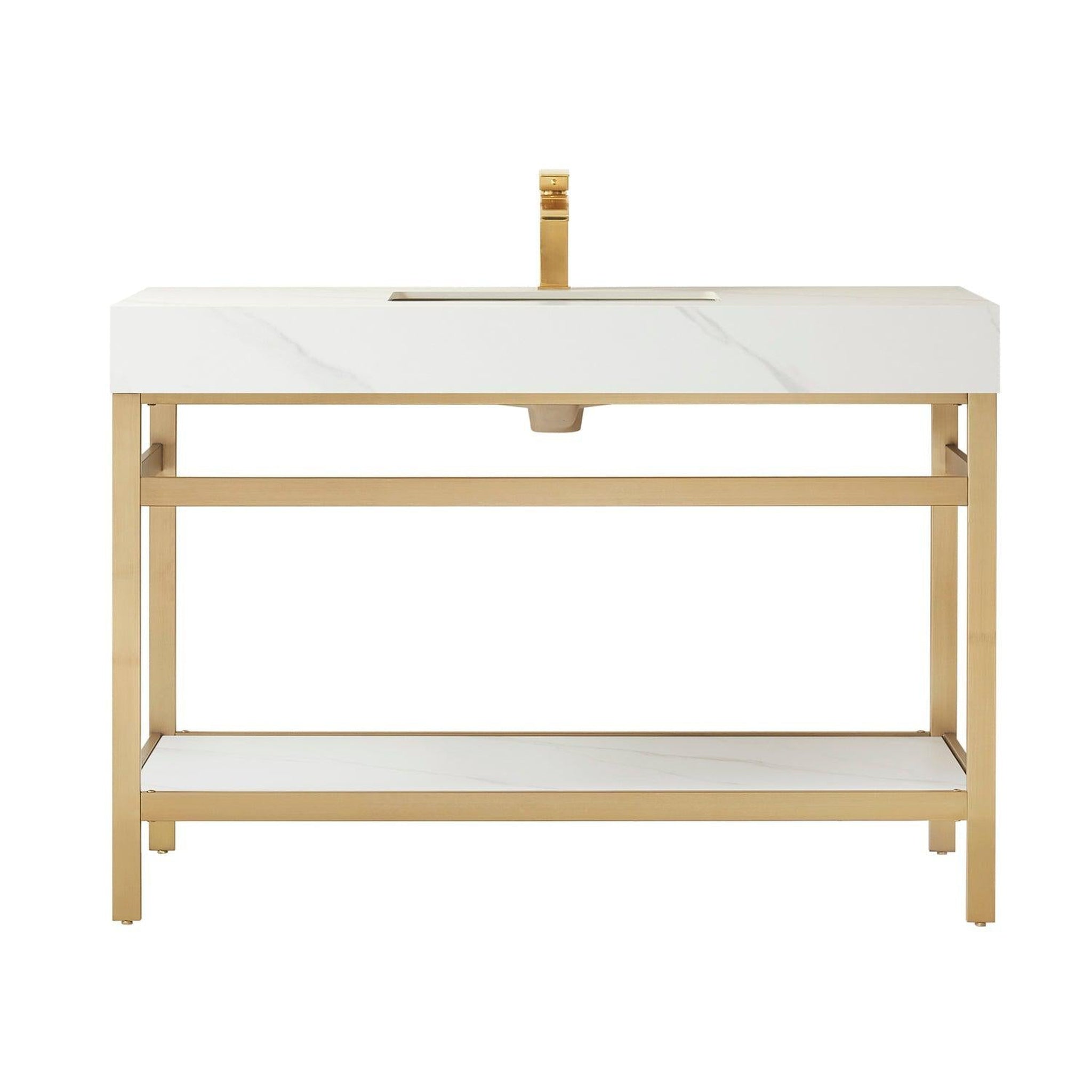 Vinnova, Vinnova Funes 48" Single Sink Bath Vanity In Brushed Gold Metal Support With White Sintered Stone Top